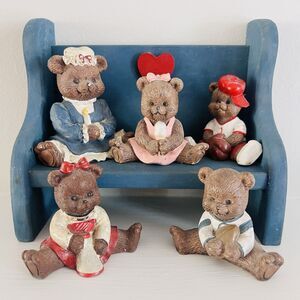 Vtg Cherished Teddies Mama & Baby Bears Set of 5 Country Wooden Bench Figurines
